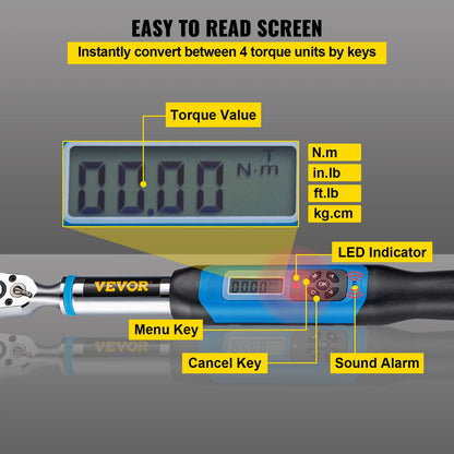 VEVOR Digital Torque Wrench 3/8in Bidirectional Ratchet Head Professional Adjustable Bicycle Repair Hand Tools 1.5-30/4.2-85 Nm