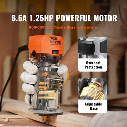 VEVOR Wood Router 1.25HP 800W Compact Wood Trimmer Combo Tool 30000RPM 6 Variable Speeds for DIY Woodworking Slotting Trimming