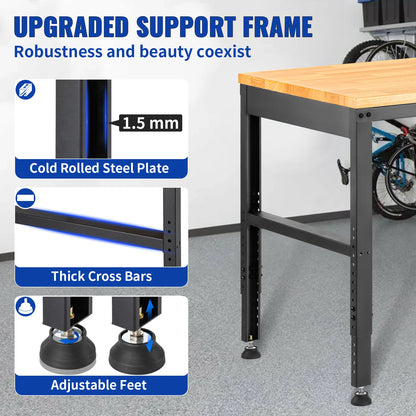 VEVOR Multi Adjustable Workbench Woodworking Hardwood Work Bench with Power Outlets Foot Pads for Workshop DIY Office Home Use