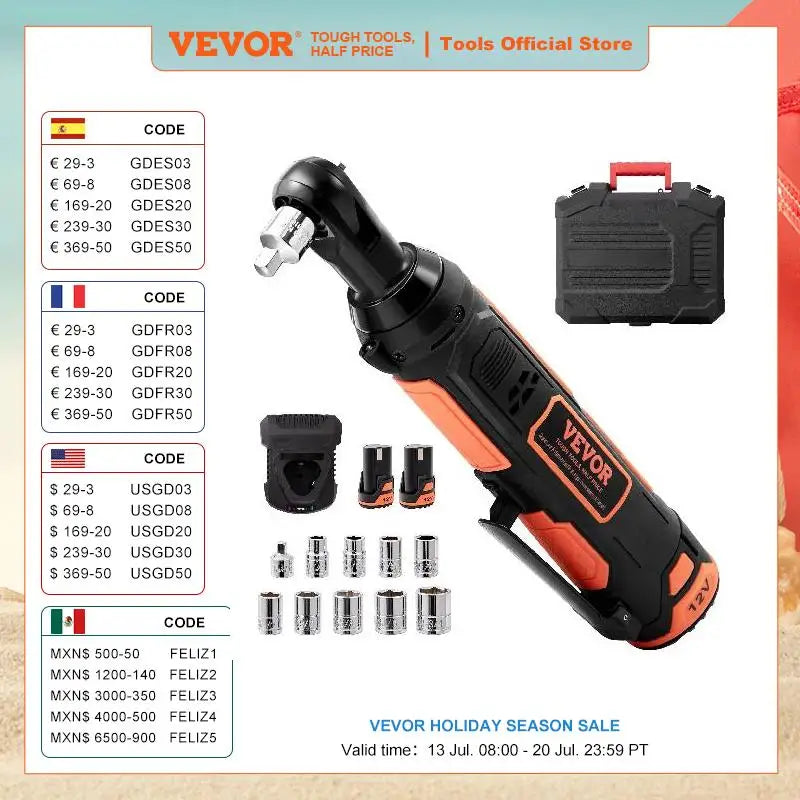 VEVOR 3/8" Cordless Electric Ratchet Wrench Set 12V 33 Ft-lbs Power Ratchet Tool Kit 45-Min Fast Charge 2-Pack 2.0Ah Battery