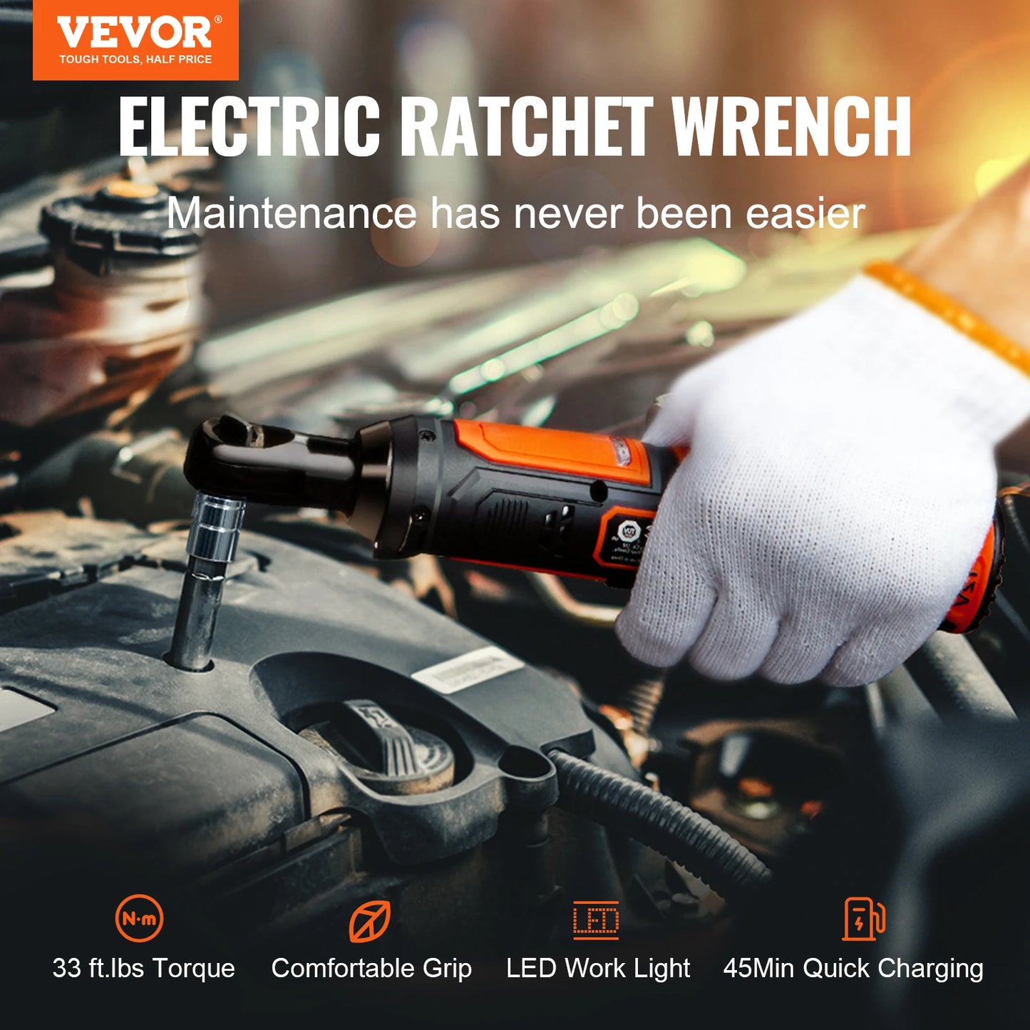 VEVOR 3/8" Cordless Electric Ratchet Wrench Set 12V 33 Ft-lbs Power Ratchet Tool Kit 45-Min Fast Charge 2-Pack 2.0Ah Battery