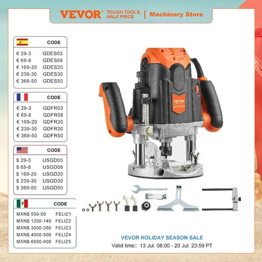 VEVOR Plunge Router 3-1/4 HP 120V Variable Speed Electronic Plunge Base Router Plunge Woodworking Router Kit for DIY Woodworking