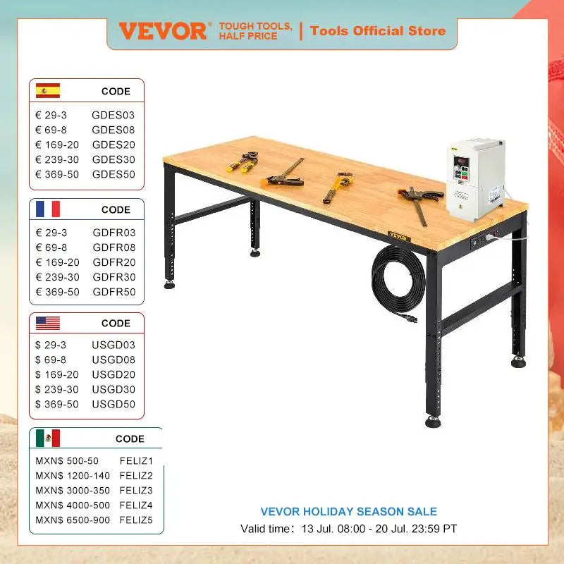 VEVOR Multi Adjustable Workbench Woodworking Hardwood Work Bench with Power Outlets Foot Pads for Workshop DIY Office Home Use