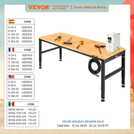 VEVOR Multi Adjustable Workbench Woodworking Hardwood Work Bench with Power Outlets Foot Pads for Workshop DIY Office Home Use