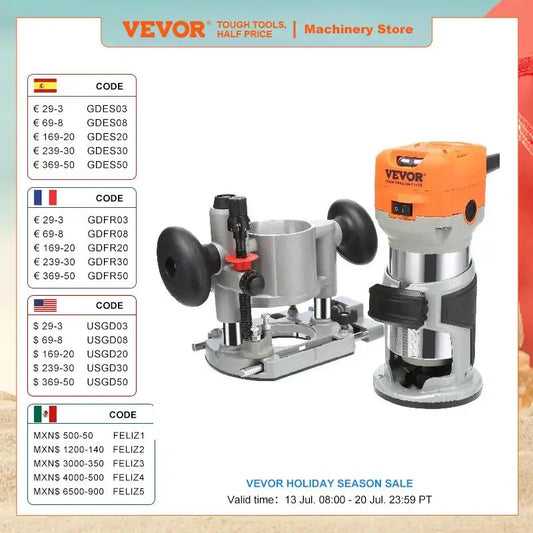 VEVOR Wood Router 1.25HP 800W Compact Wood Trimmer Combo Tool 30000RPM 6 Variable Speeds for DIY Woodworking Slotting Trimming