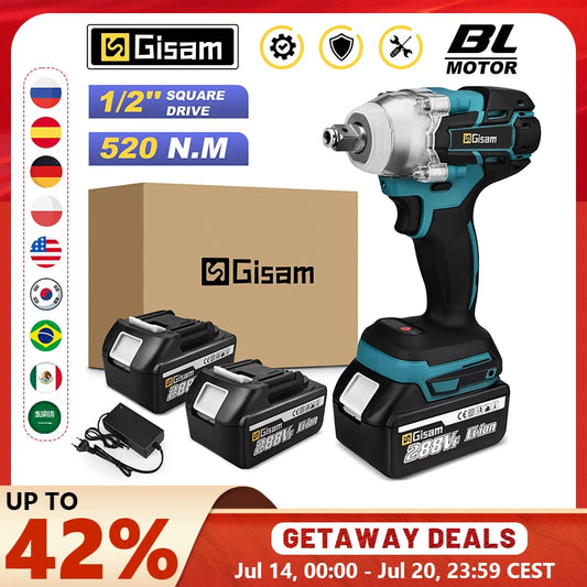 Gisam 520N.M Brushless Electric Impact Wrench Cordless Electric Wrench 1/2 inch for Makita 18V Battery Screwdriver Power Tools