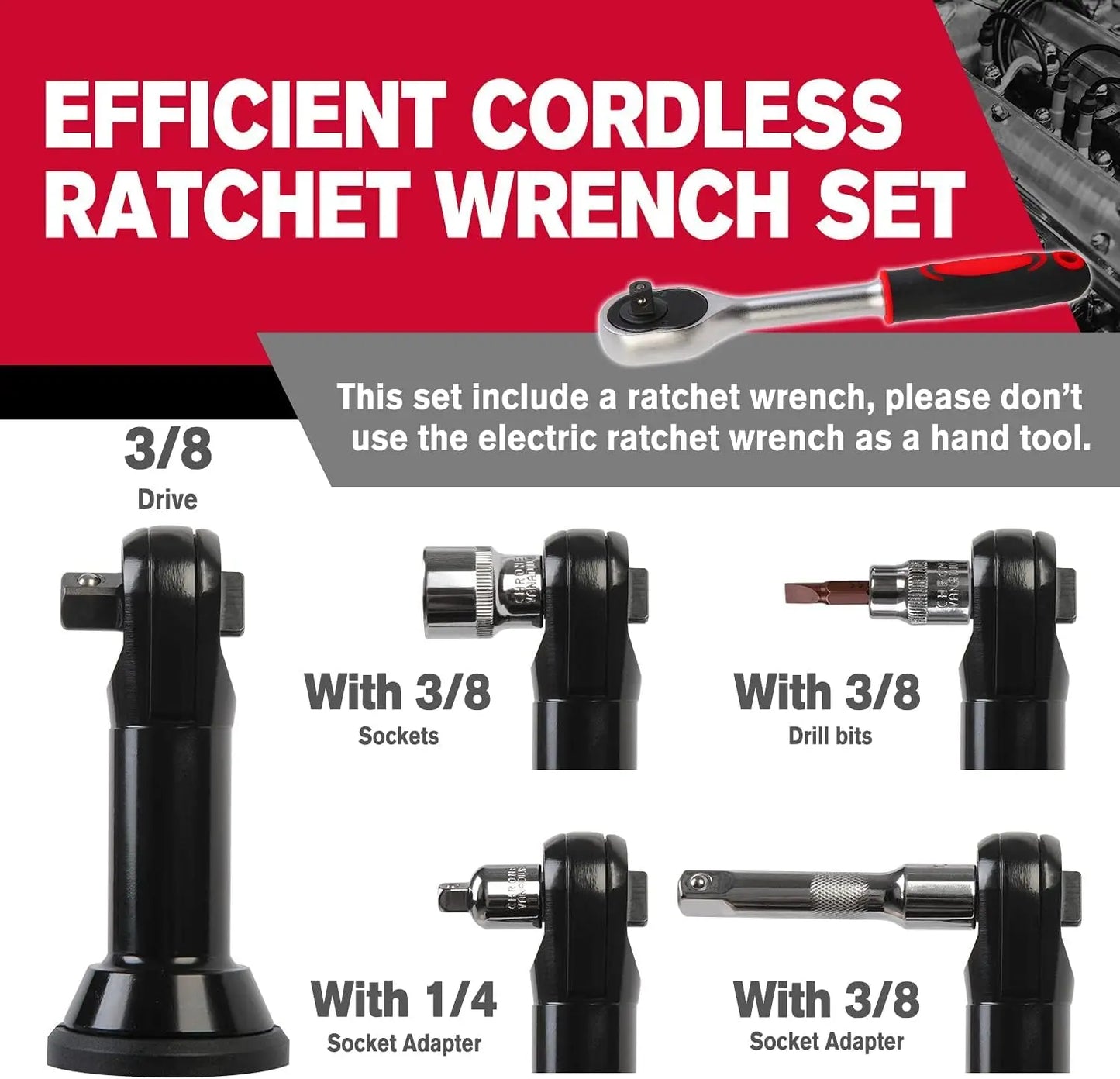 Electric Ratchet Wrench 3/8 Cordless Ratchet Wrench Set, Extended 55 N·m Battery Powered Ratchet Tool with 1 Hand Tool 7 Sockets