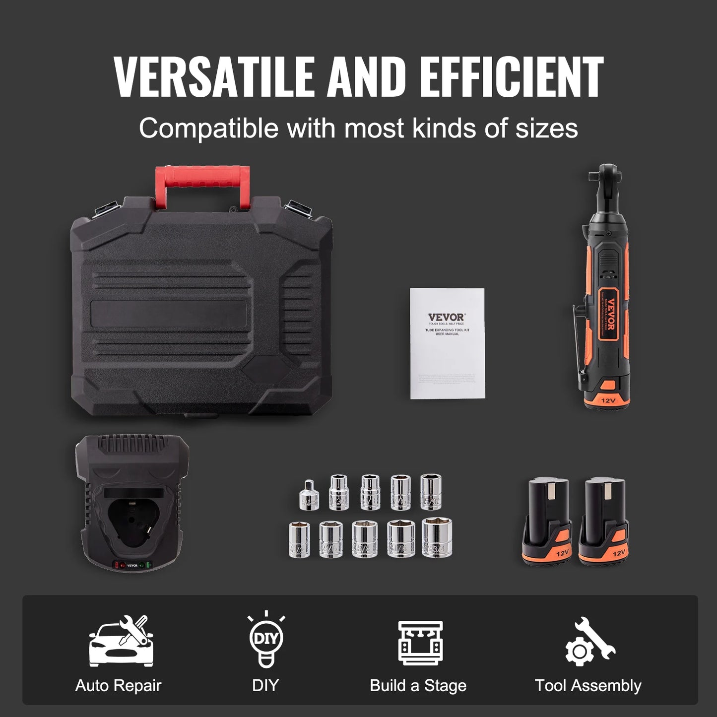 VEVOR 3/8" Cordless Electric Ratchet Wrench Set 12V 33 Ft-lbs Power Ratchet Tool Kit 45-Min Fast Charge 2-Pack 2.0Ah Battery